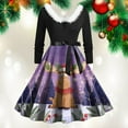 thumbnail image 4 of felwors Women's Christmas Snowman & Winter Scene Print Swing Dress - Faux Fur Collar, Belted Waist Long Sleeve Festive Dress Purple, S, 4 of 6