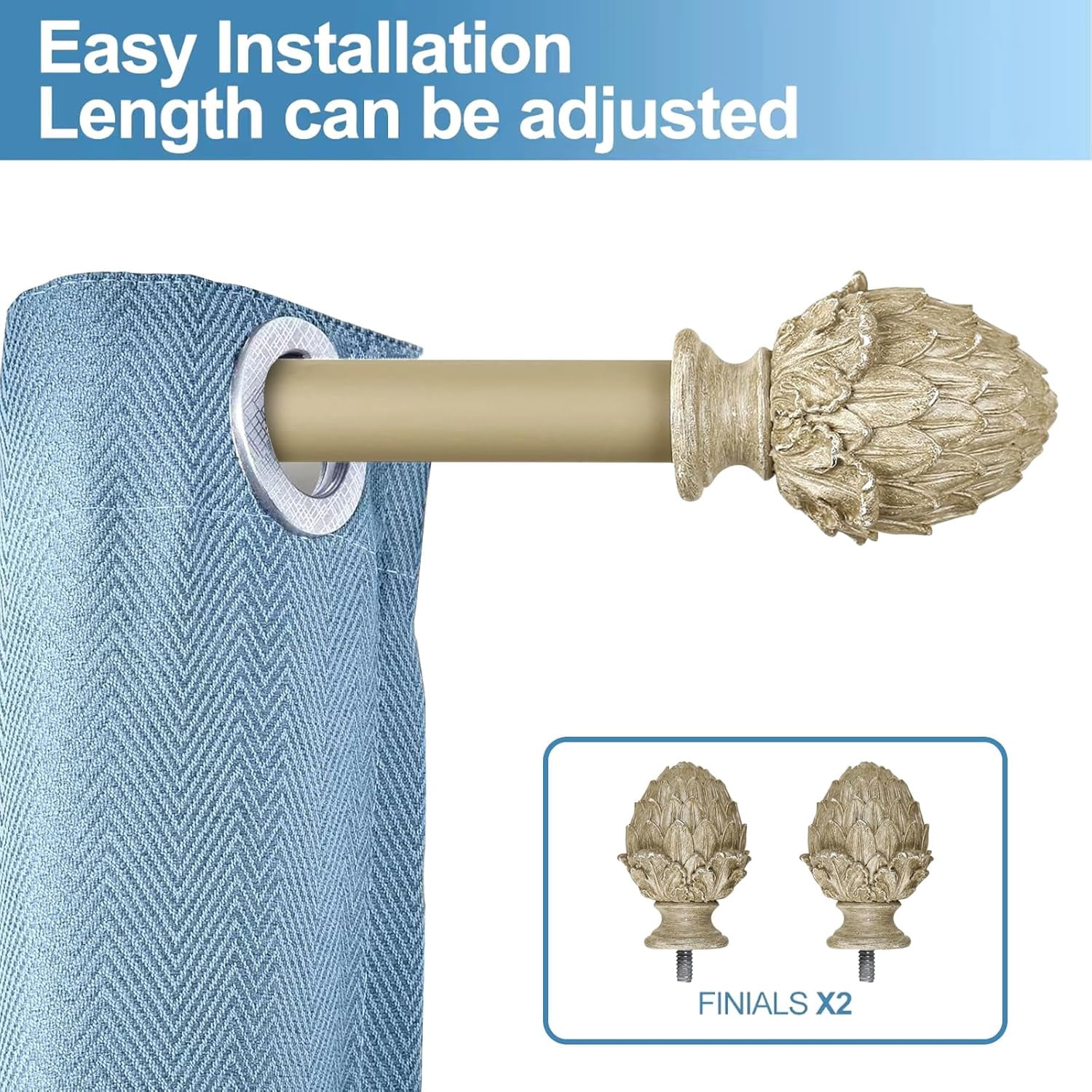 Urbanest Adjustable Single Curtain Rod Set Artichoke Finials – 1 - Inch Diameter, With Cottage Rod, 48–84 Inches