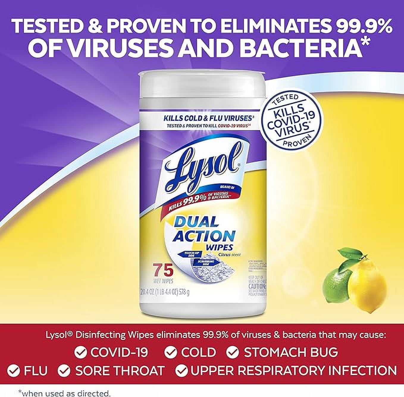 Lysol Disinfecting Wipes Dual Action, Citrus Scent, 75 Count, 3 Pack