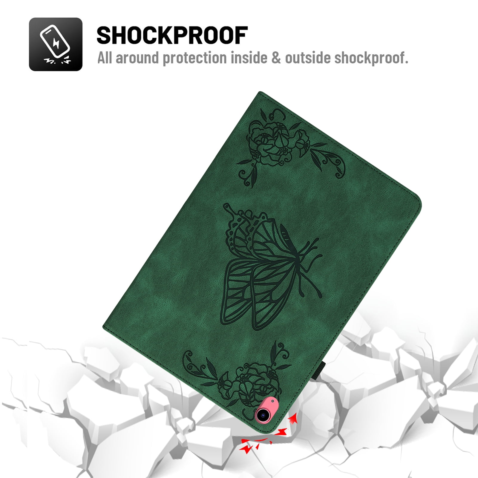 Elehold PU Leather Folio Case for Apple iPad (10th generation), Embossed Butterfly Leather Ultra Slim Kickstand Case with Auto Wake/Sleep Card Slots Pencil Holder Case ,Green