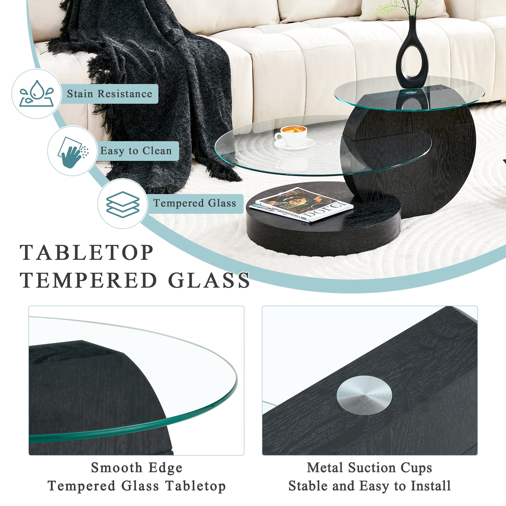 JUFU 35.4" Glass Coffee Table, Modern Round Coffee Table with MDF Base, 2-Tier Tempered Glass Top, Easy to Assemble, Ideal for Living Room, Small Space, Home Office