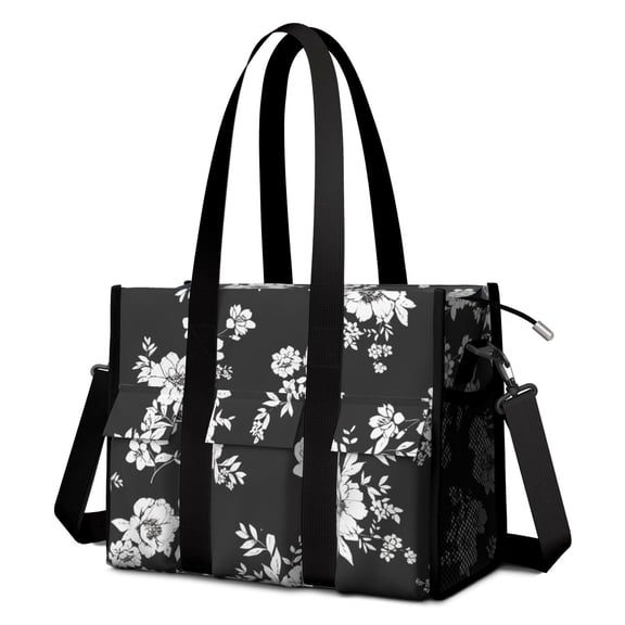 Teacher Tote Bag,Pioneer Flower Floral Print Pattern Teacher Utility Tote Bag,Large Work Tote Bags for Women with Multiple Pockets,Top Zipper Closure,13.8x10.6x6.7 Inch