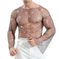 thumbnail image 5 of Mens Shirts, Men's Rhinestones Sparkle Fishnet Rave Tops Bell Sleeve Hollow Loose Sheer Festival Clubwear Shirts Streetwear, 5 of 5