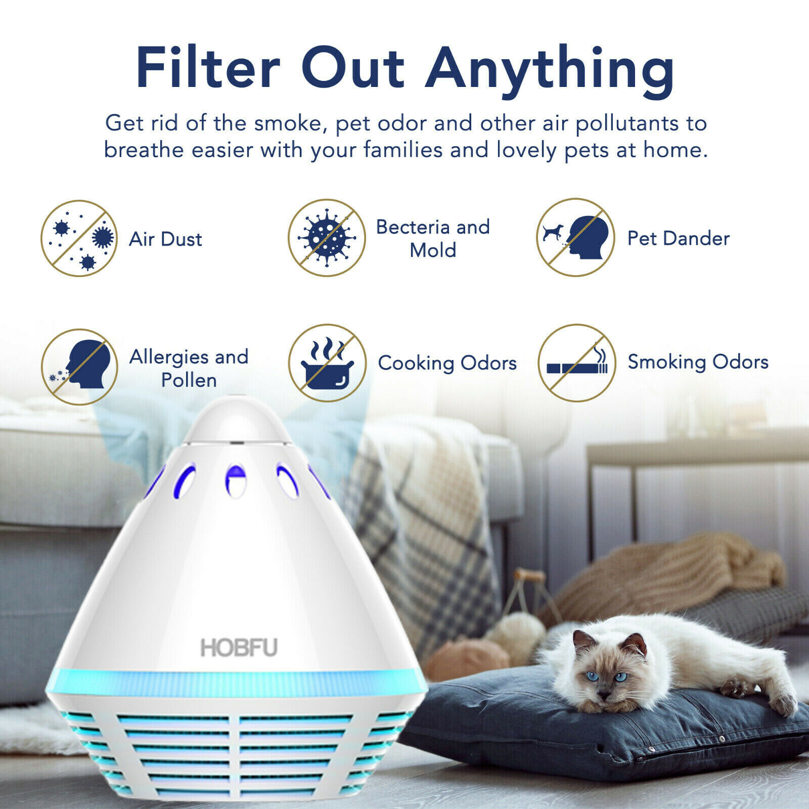 HOBFU Portable Desktop Air Purifier Tower Shape Air Cleaner Hepa Type