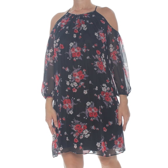 AMERICAN LIVING Womens Black Cold Shoulder Floral Long Sleeve Halter Above The Knee Shift Dress 12