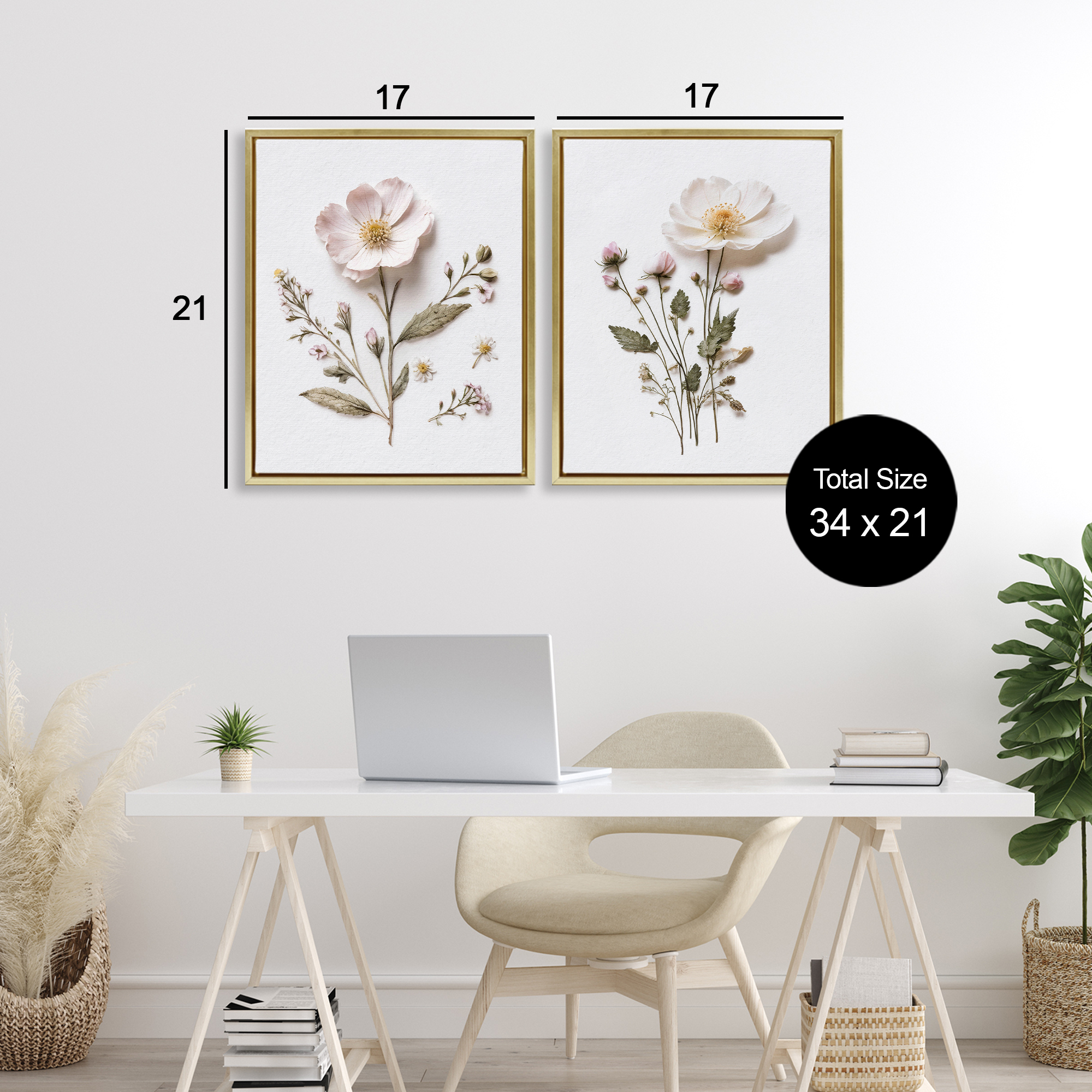 Minimal Pressed Flowers 2 Piece Gold Framed Floater Canvas Set, design by Lettered and Lined