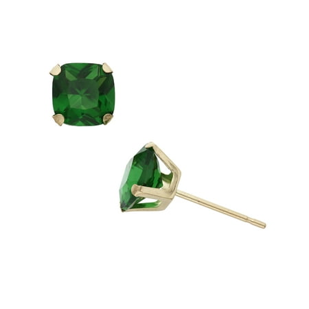 2 Carat T.G.W. Created Emerald 10kt Yellow Gold 6mm x 6mm Cushion-Cut Post Earrings