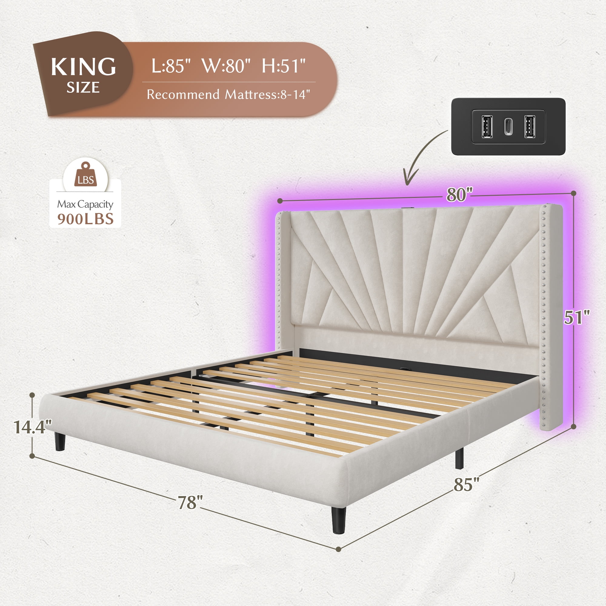 EnHomee King Bed Frame with 51"Tall Headboard Upholstered King Size Platform Bed Frame with LED Lights & Charge Station, Beige, No Box Spring Needed, Noise Free