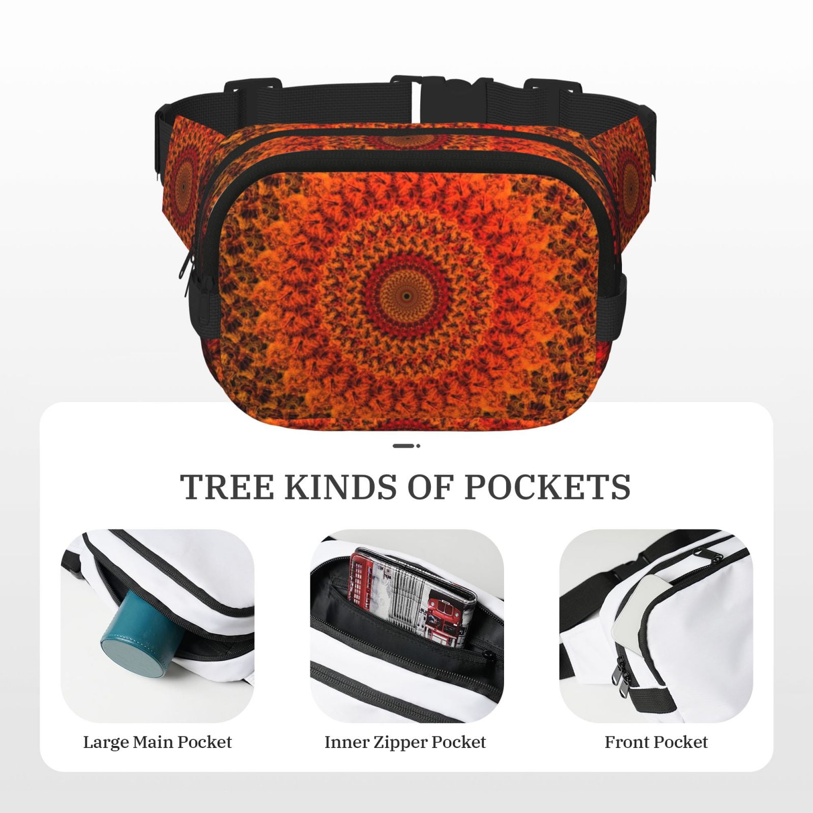 Picia Mandala Print Square Double-Layer Waist Bag Mini Adjustable Waist Belt Bag Exercise Running Travel Hiking