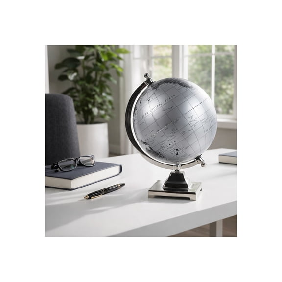 Modern Metal World Globe for Home Decor - Decorative Desktop Globe for Office, Book Shelf, and Living Room Decor - 12", Black & Silver