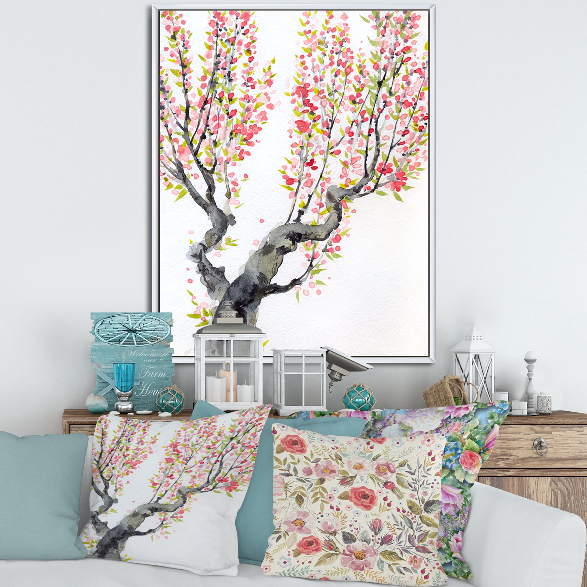 Designart 'Red Spring Flowers On Tree Branches' Traditional Framed Canvas Wall Art Print