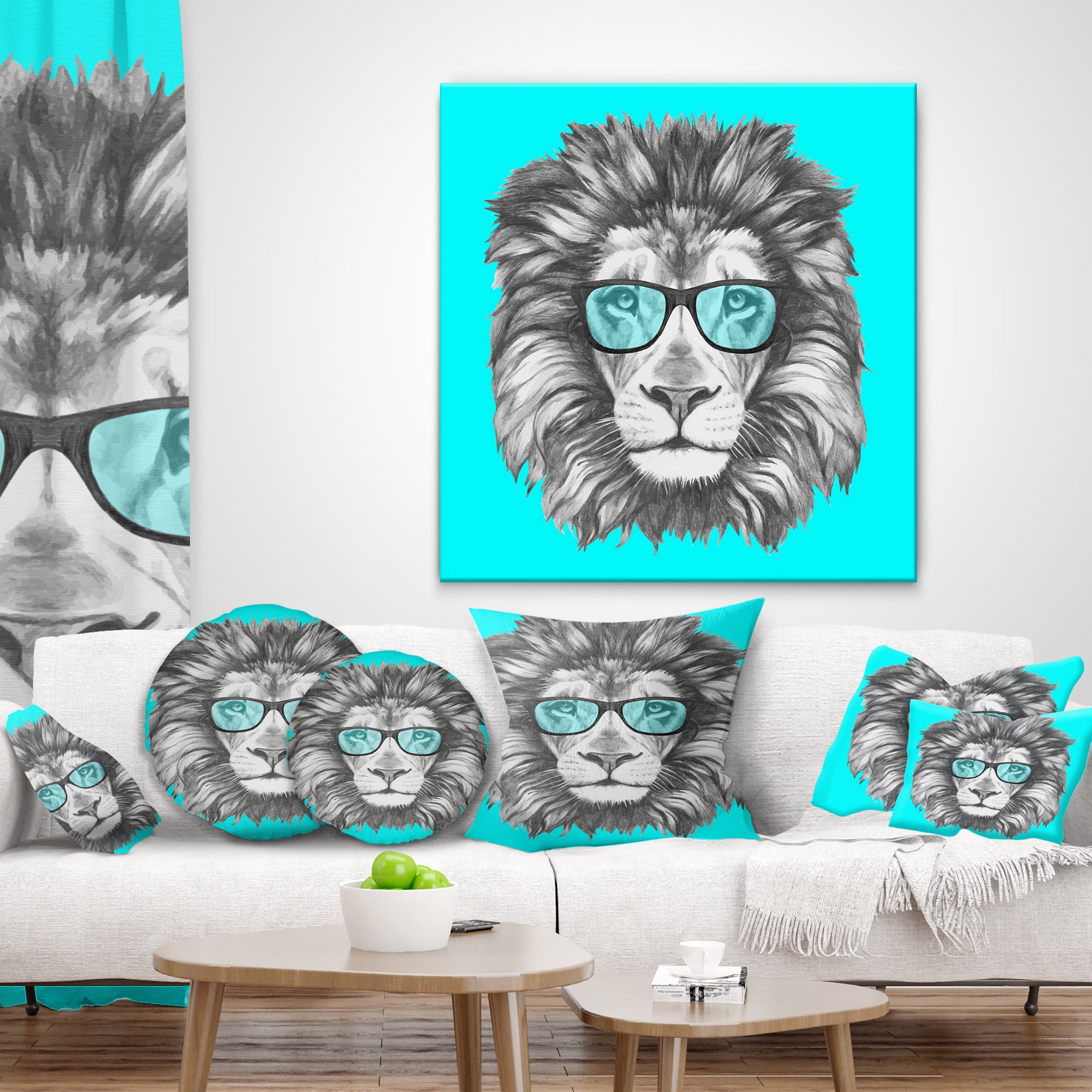 Designart Funny Lion with Blue Glasses - Animal Throw Pillow - 12x20