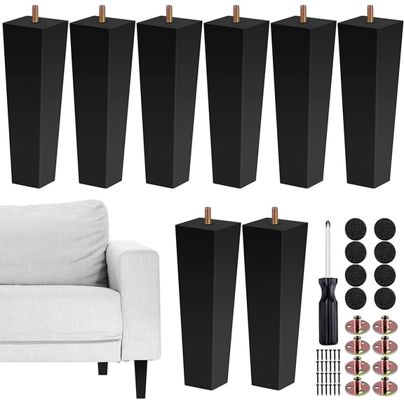 Set of 8 Furniture Legs 8 Inch Square Solid Wood Couch Legs Replacement Sofa Legs Mid Century Furniture Feet for Armchair Bed Dresser Cabinet Include Installation Hardware, Black
