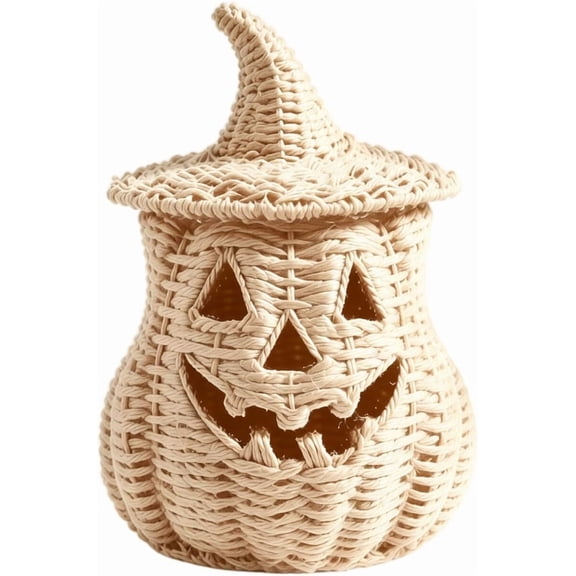 Handcrafted Black Woven Seagrass Pumpkin Halloween Decor- Jack-O'-Lantern Candy Basket Decor for Tabletop LED Lights, Modern Farmhouse Fall Decoration