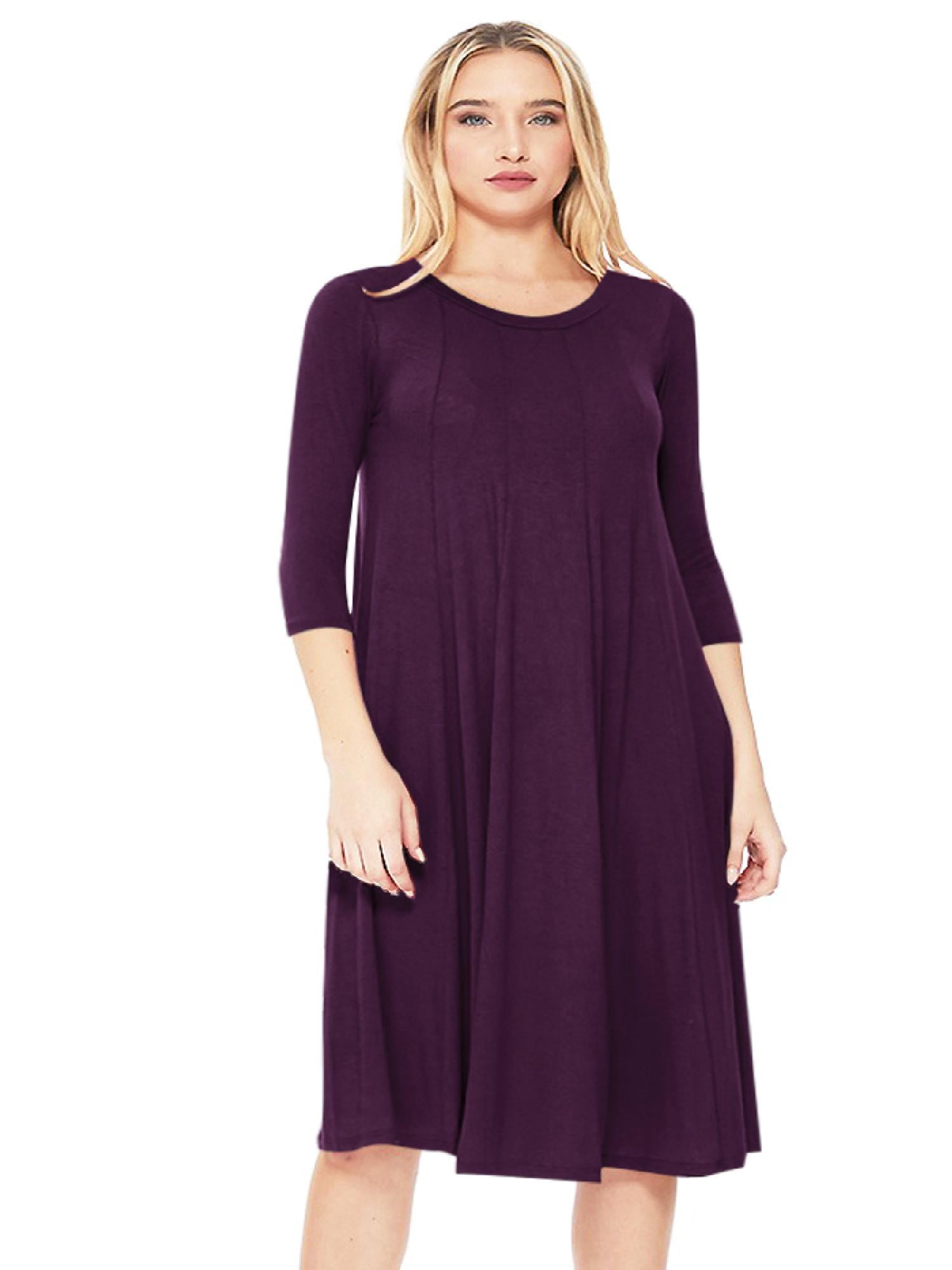 Womens Basic Solid Round Neck 3/4 Sleeves Aline Casual Midi Maxi Dress