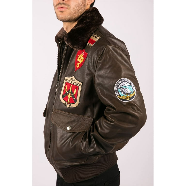 Mens Real Leather US Aviator Air Force Pilot Flying Bomber Jacket Brown Fur Collar