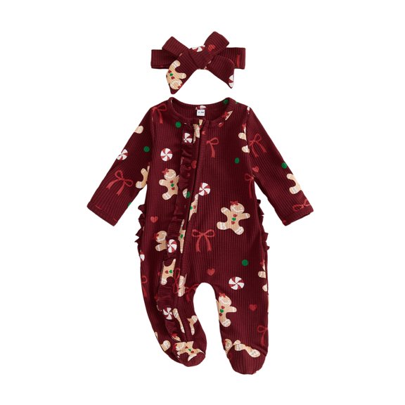 Cjfdfy Newborn Baby Girl Christmas Outfit Gingerbread Man Printed Ruffle Long Sleeve Zipper Footed Romper And Headband Infant Cute First Christmas Knit Sweater Jumpsuit Fall Winter Outfits