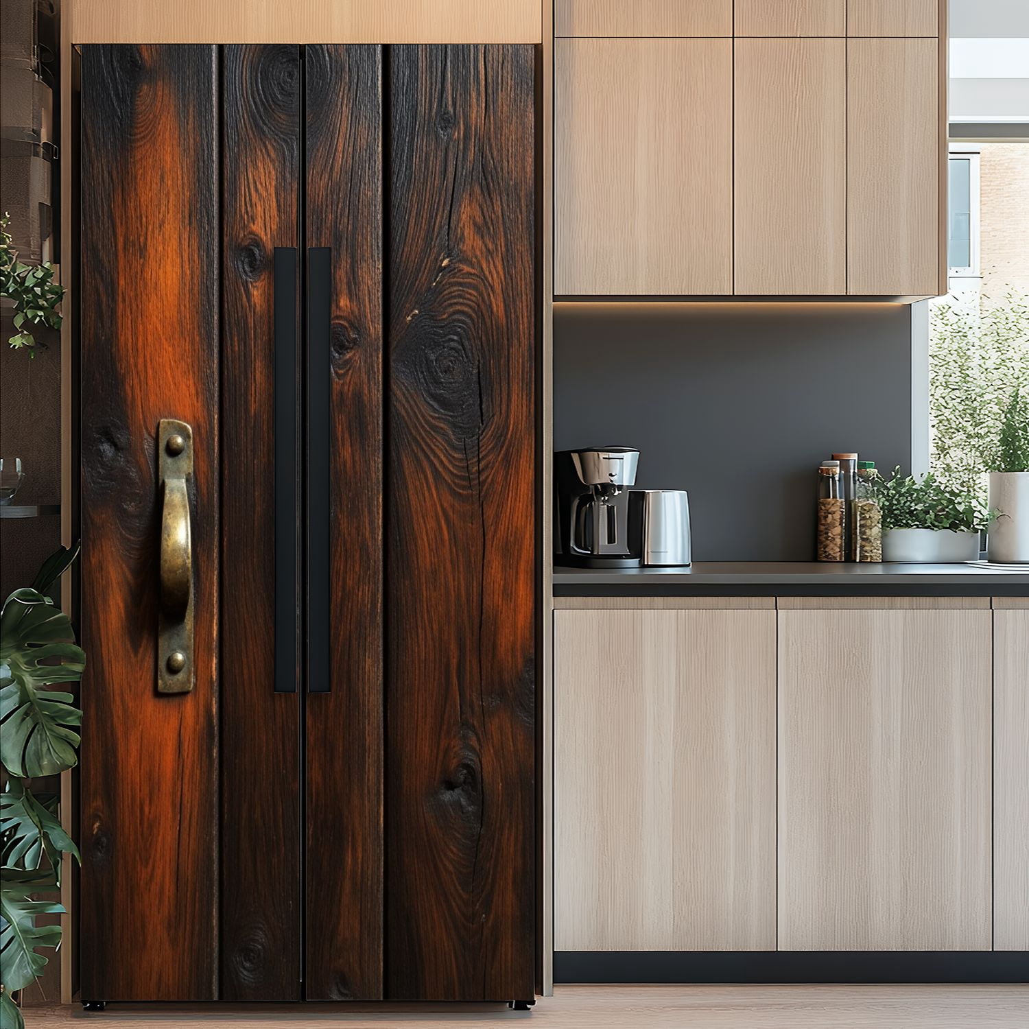 Self Adhesive Vinyl Refrigerator Wrap Set Rustic Dark Wooden Panels Vintage Brass Rustic Door Mural Removable Fridge Sticker Peel and Stick&nbsp;Full Door Cover Decal Kitchen Bar Decor