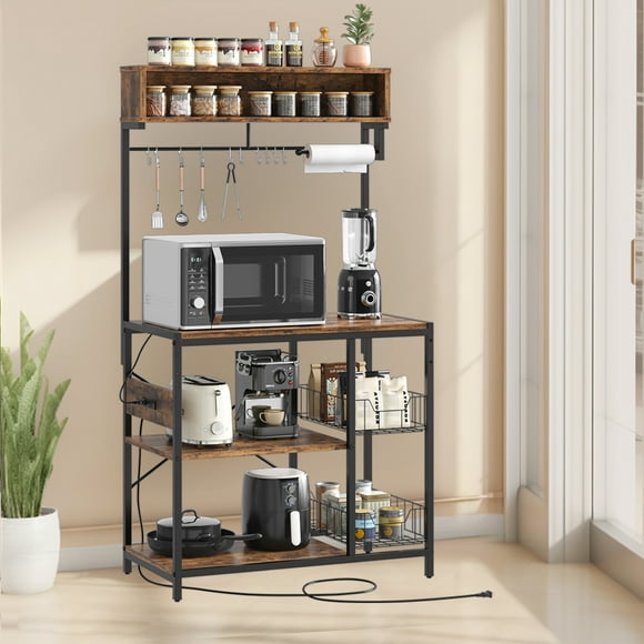 Bestier Bakers Rack with Power Outlet with Wire Basket, Kitchen Microwave Stand with 10 Hooks, Oak