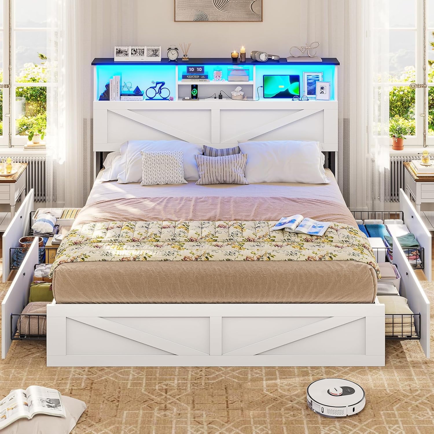 Queen Size Farmhouse Bed Frame with Bookcase & Storage Drawers LED Wooden Platform Storage Bed, No Box Spring Needed, White