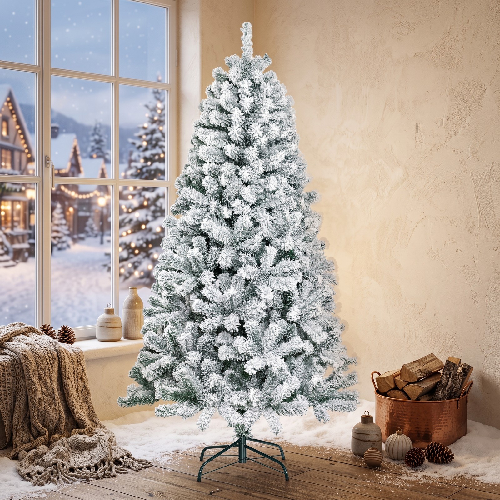 RUIE 6 FT Artificial Christmas Tree, Snow Flocked Hinged Full Xmas Tree with Metal Stand, 600 Branch Tips PVC Holiday Tree for Home Apartment Party Indoor, White