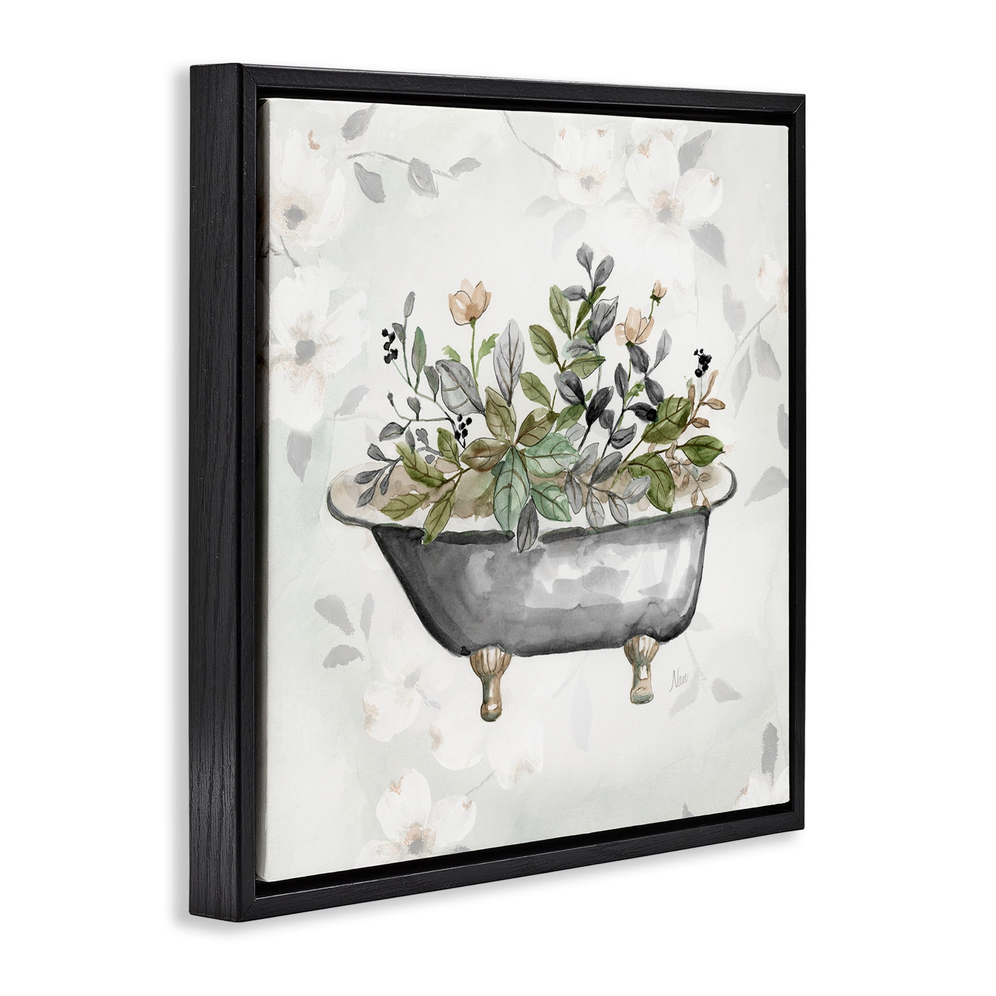 Stupell Industries Leaf Patterned Tub Typography Painting Black Floater Framed Canvas Art Print Wall Art, 18 x 18