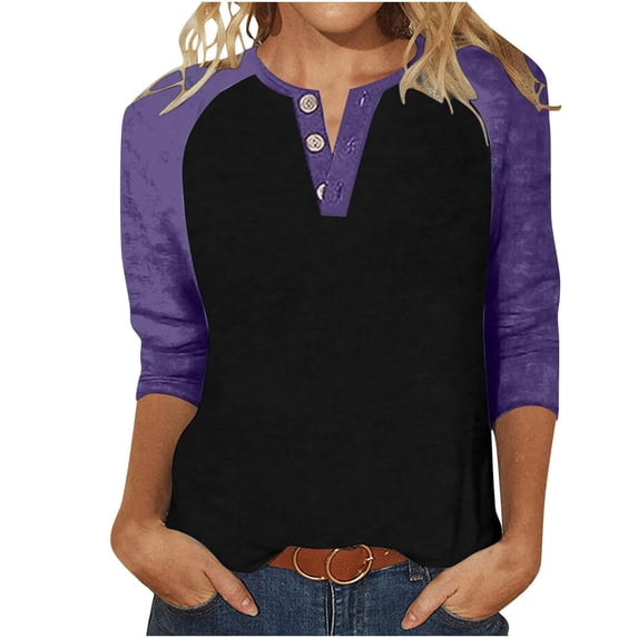2026 Womens T Shirts Fashion Tops Raglan Three Quarter Sleeve Contras Color Half Button Basic Slim Undershirts
