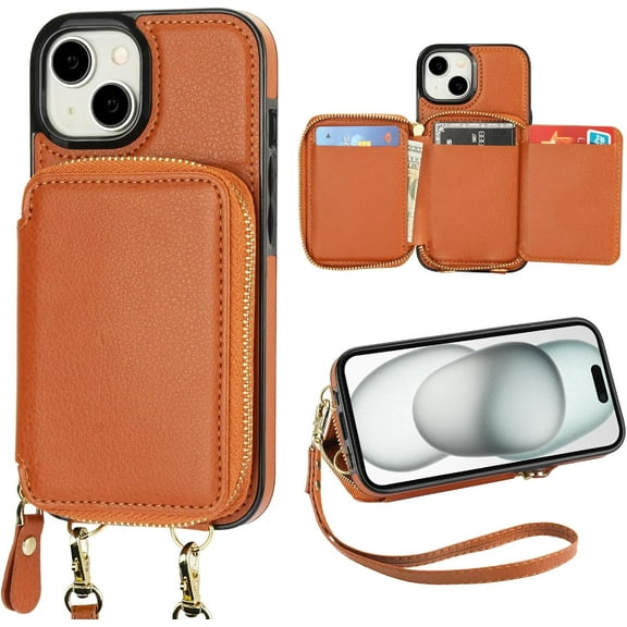 RFID Blocking Wallet Case for iPhone 15, Adjustable Crossbody Zipper Purse Case Card Holder with Kickstand Detachable Wrist Strap, PU Leather Flip Folio Case 6.1 Inch 5G (Brown)
