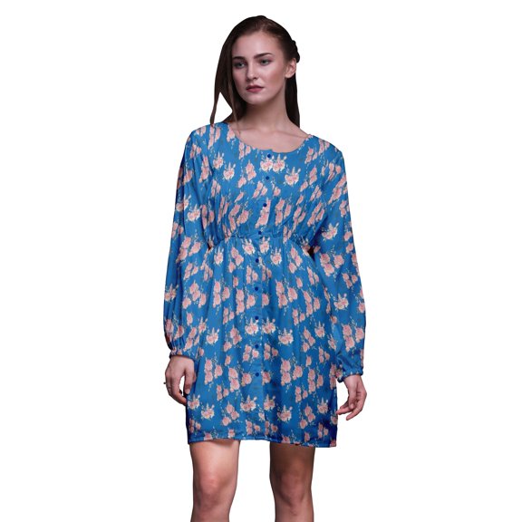 Bimba Blue Leaves & Rose Floral Printed Relaxed Fit Women Long Sleeve Button Down Midi Dress-Medium