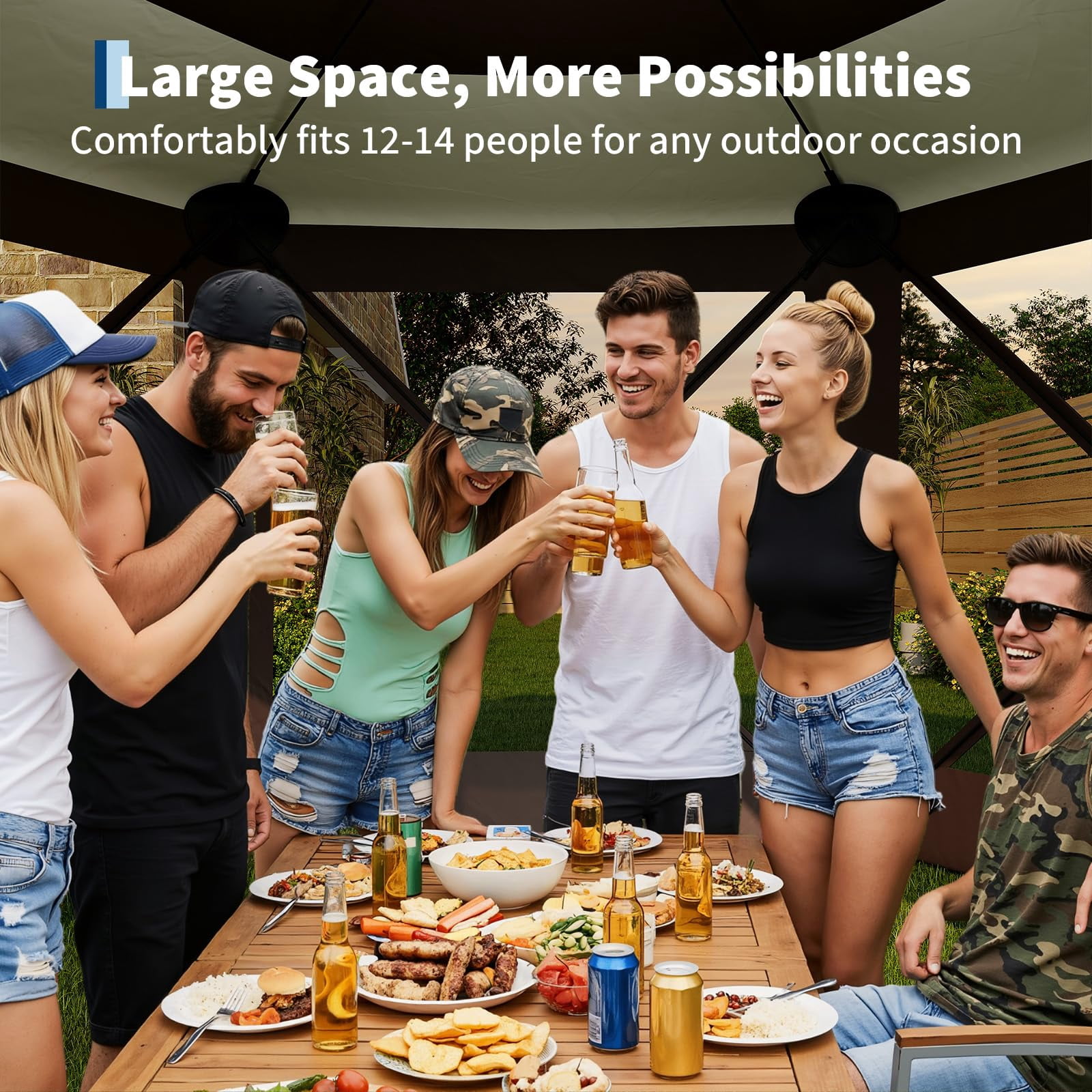 13x13FT 6-Sided Pop Up Canopy Tent，One-Push Setup Canopy Tent with Removable Canopy Top & Wind Cloths, Outdoor shelter for Camping, Backyard Parties, Outdoor Events - Khaki
