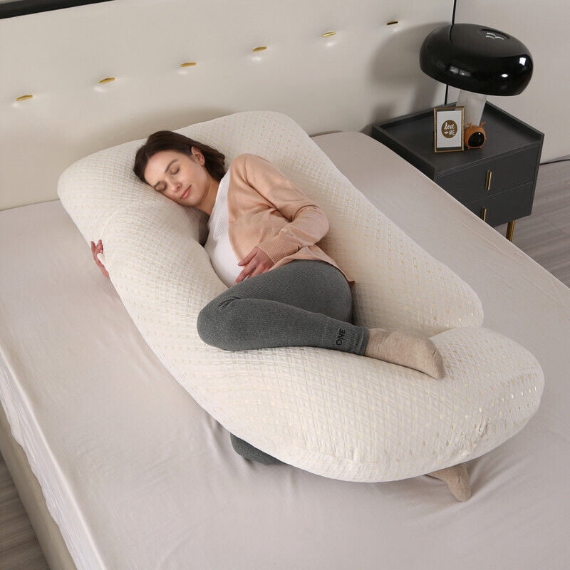 TOPCHANCES Pregnancy Pillow, J-Shape Full Body Maternity Pillow for Side Sleeping with Removable Cover, 27 * 57inch, Light Gold