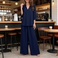 thumbnail image 7 of Women's Linen Two Piece Outfits Summer V Neck Button Down Tops Wide Leg Pants Set Casual Loose Matching Sets For Vacation, 7 of 7