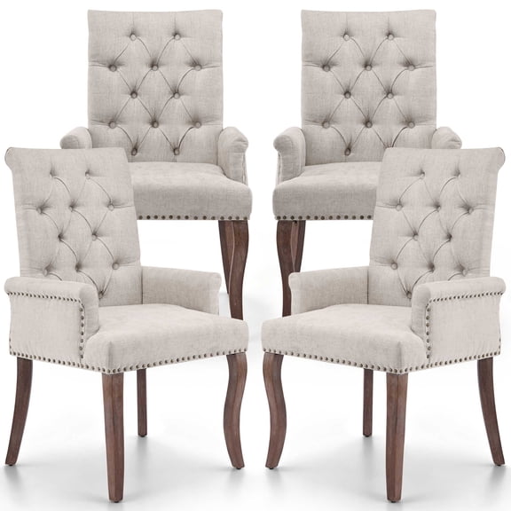 PAPROOS Upholstered Dining Chairs Set of 4, Chenille Dining Room Chairs with Arms, Button-Tufted Back, Nailhead Trim and Solid Wood Legs, Modern Farmhouse Kitchen Chairs for Home Living Room, Beige