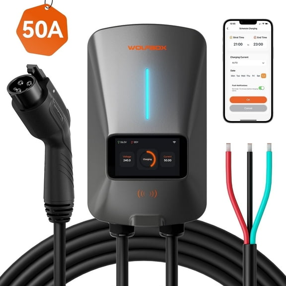 WOLFBOX EV Charger, Level 2 EV Vehicle Charging Station, 240V 50 Amp with Hardwired Level 2 Charger, Wifi Enabled Electric Car Charger, Smart Display, RFID Card, Gray