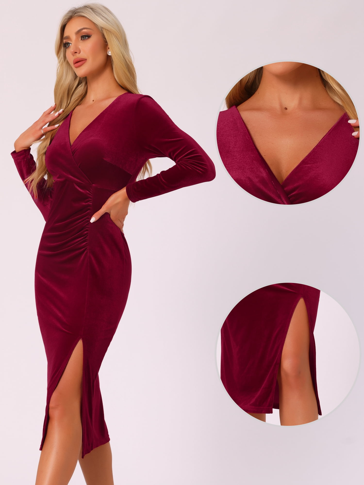 DARING DIVA Long Sleeves V Neck Wrap Ruched Split Cocktail Evening Dress
 L Dark Red