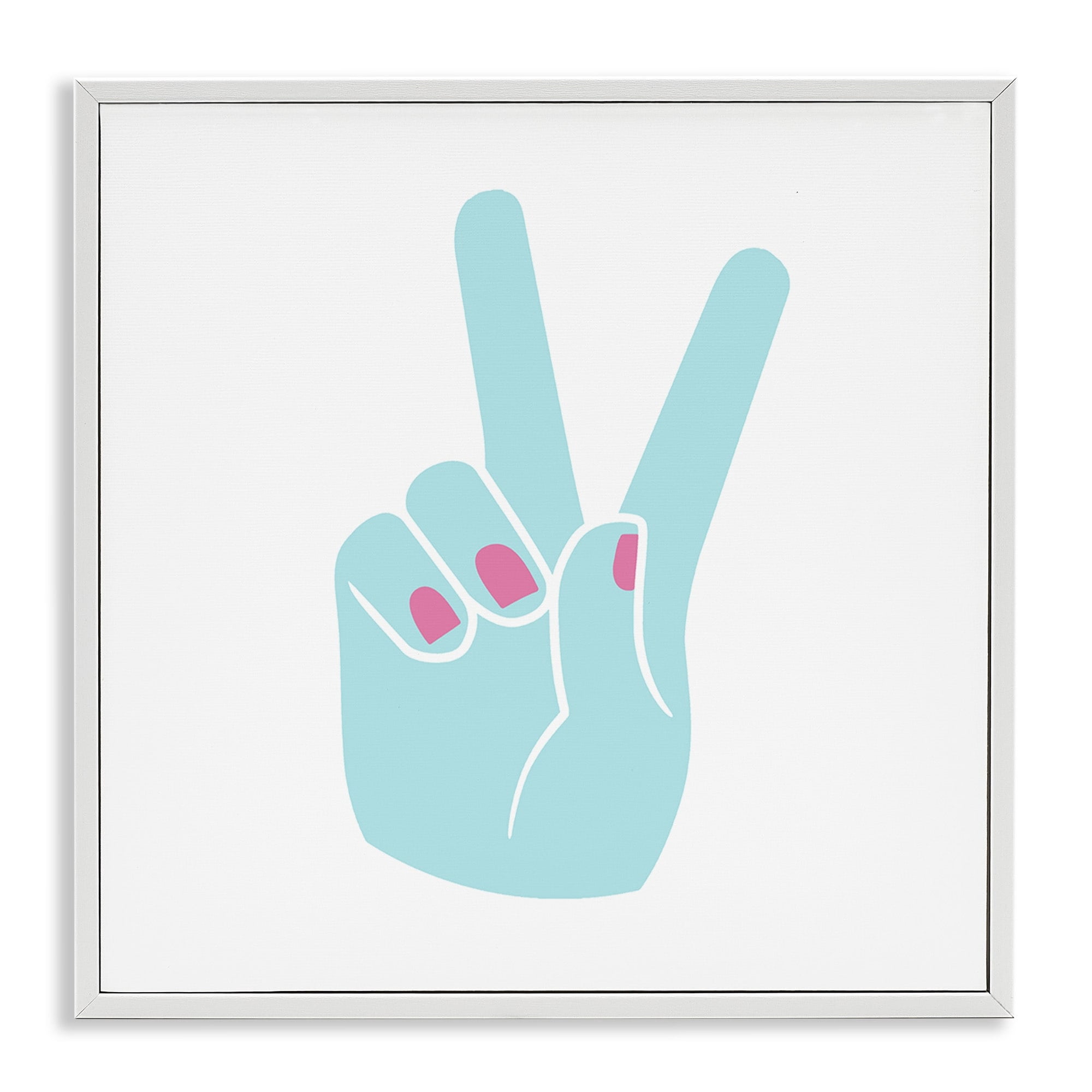 Peace Hand Teal with Pink Nail Polish Art for Kids Framed Art Print Wall Art, 17x17