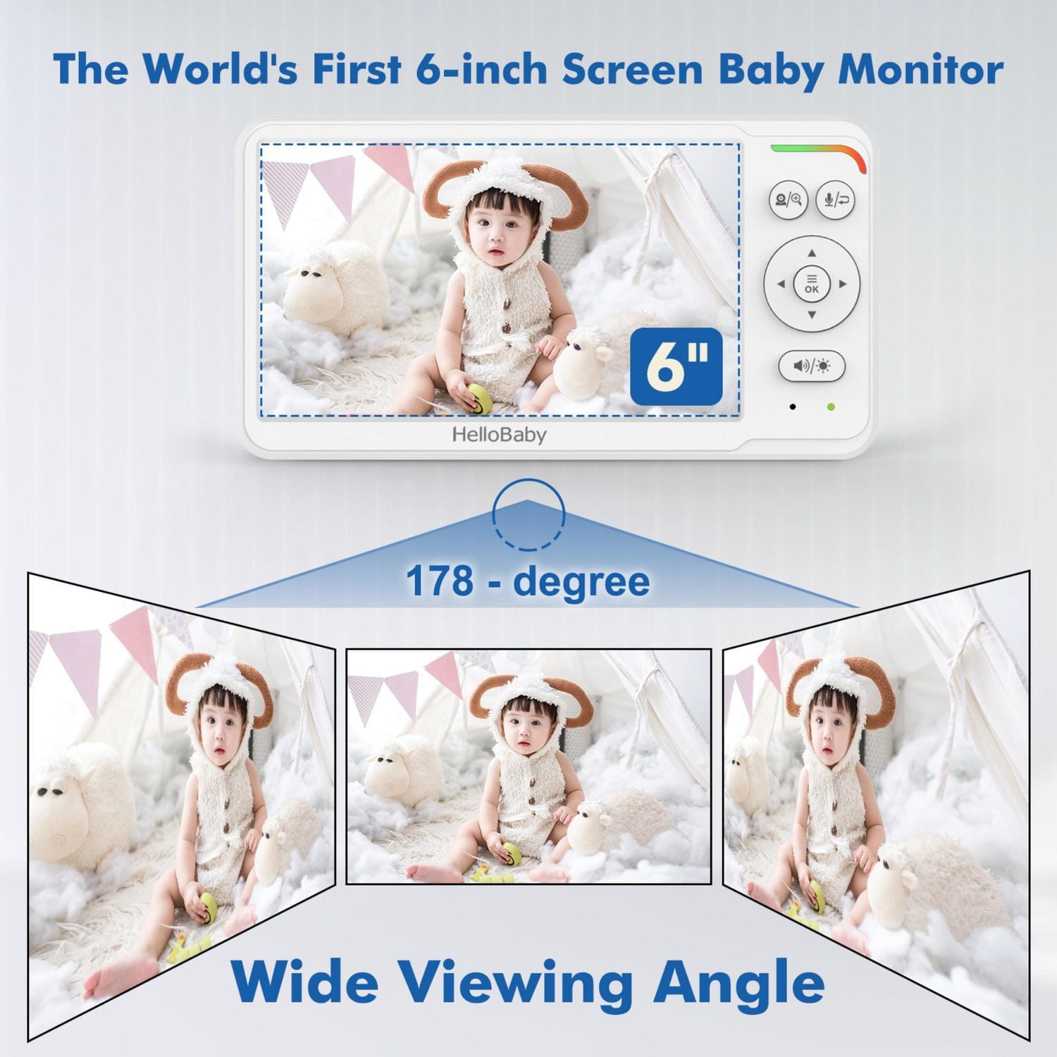 HelloBaby 6.0" LCD Wireless Video Baby Monitor, 4000mAh Rechargeable Battery, Remote Pan-Tilt-Zoom