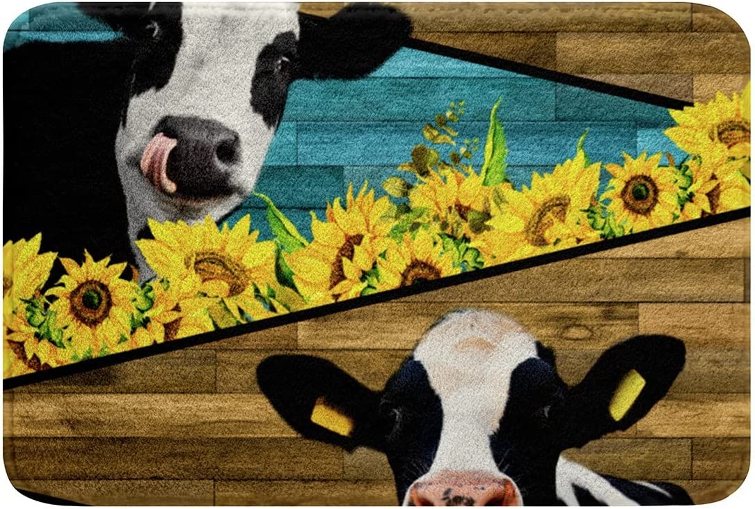Cow Shower Rugs 20"x32",3D Milk Cow Print Rugs Yellow Sunflowers Fluffy