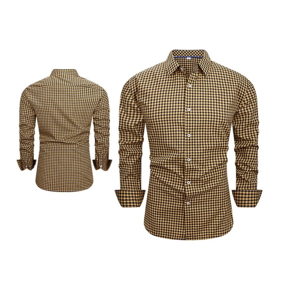 Ceisia Men Stretch Gingham Check Long Sleeve Dress Shirt Regular Fit Point Collar Business Daily Casual Button Top (Yellow XXXL) Father's Day Gift