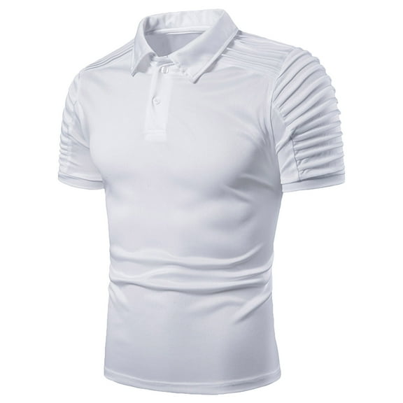 Yufatyle Men Short Sleeve Polyester Turndown collar Casual Polo Shirts White L