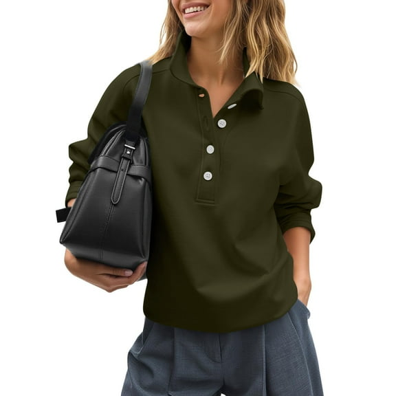 AGWOLF Womens Cute Sweatshirt Business Button Lapel Neck Long Sleeve Pullover Lightweight Solid Sweatshirts Loose Fit Fall Tops