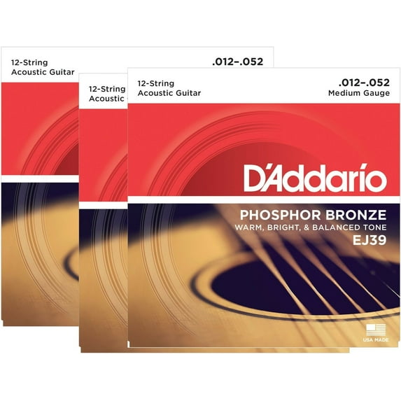 D'Addario Guitar Strings 12 String 12-52 Phosphor Bronze 3-Pack