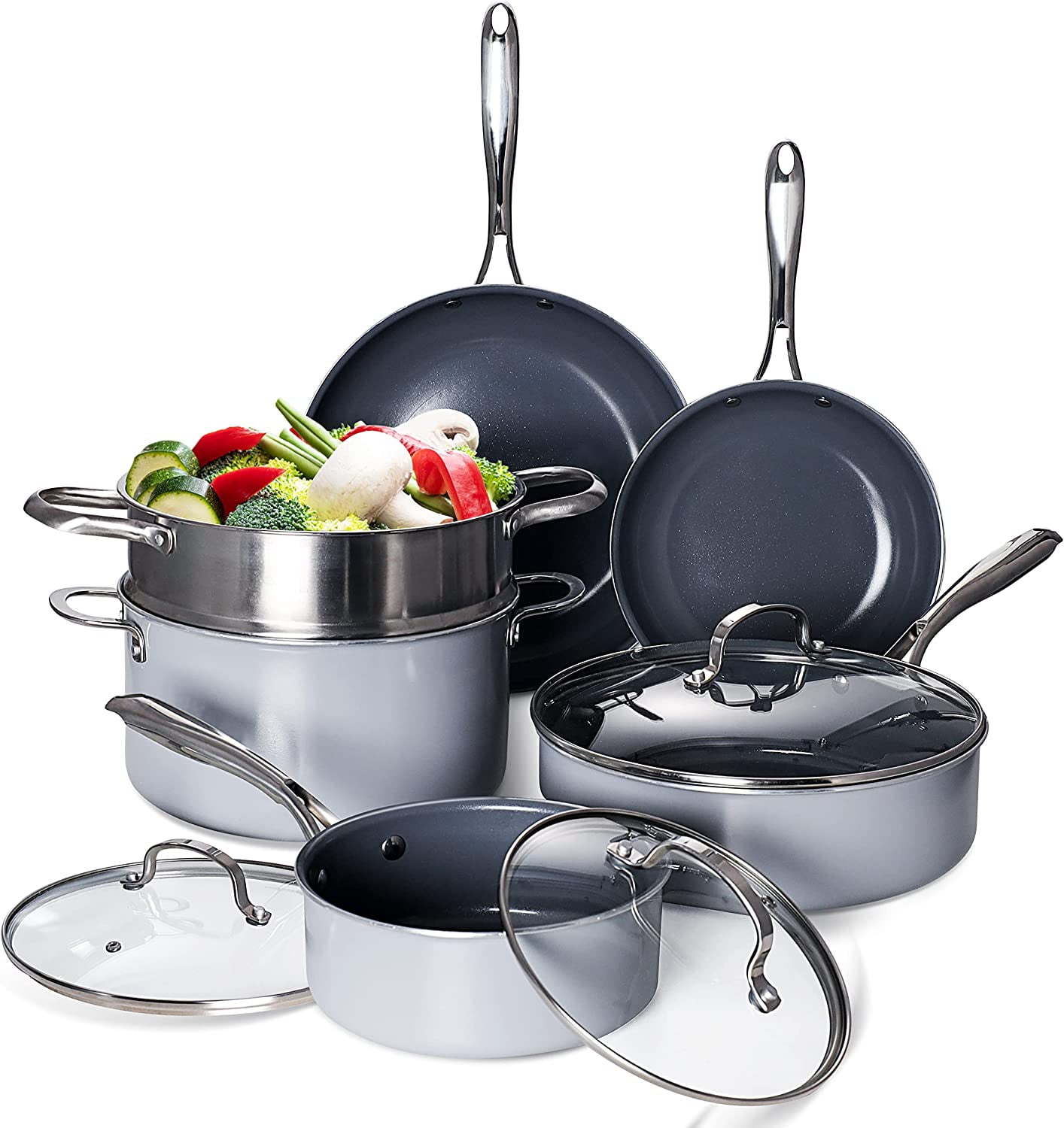 ZXNYH 13pcs Cookware Set, Steamer Basket, Stockpot with Lid, Saucepan with Lid, Fry Pan, Saute Pan for Daily Cooking, Grey ZXNYH 13pcs Cookware Set, Steamer Basket, Stockpot with Lid, Saucepan with Lid, Fry Pan, Saute Pan for Daily Cooking, Grey