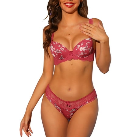 Allegra K Women s Push Up Sexy Lingerie Set Adjustable Straps Floral Lace Edge Underwired Bras and Panties
