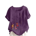 thumbnail image 2 of QUNYINEY Crew Neck T-Shirts for Women Floral Short Sleeve Casual Tops Loose Button Cotton Linen Pullover Womens Tops, 2 of 5