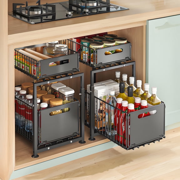 1-Pc Black 2-Tier No-Drill Pull-Out Drawer - Slide-Out Cabinet Organizer for Kitchen Pantry