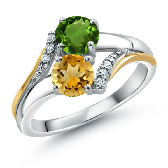 10K Yellow Gold and 925 Silver Yellow Citrine and Green Chrome Diopside and White Lab Grown Diamond Accent Engagement Ring for Women (1.25 Cttw, Gemstone November Birthstone, Round 5MM, Size 6)