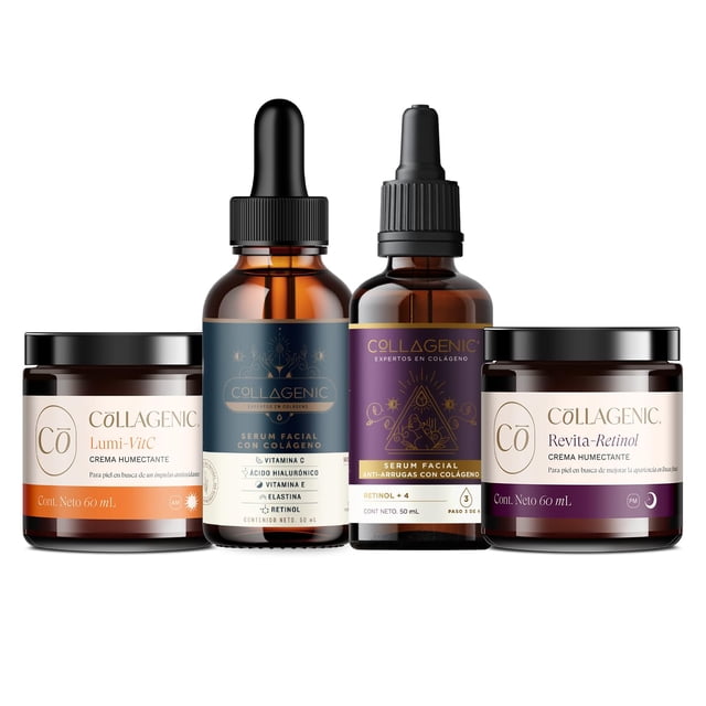 COLLAGENIC 4 Pack Skincare Día y Noche | 2 Serums Faciales + Crema Aclarante con FPS + Crema con Retinol | Retinol, Vitamina C, Ácido Hialurónico, Colágeno Hidrolizado | 4 Piezas