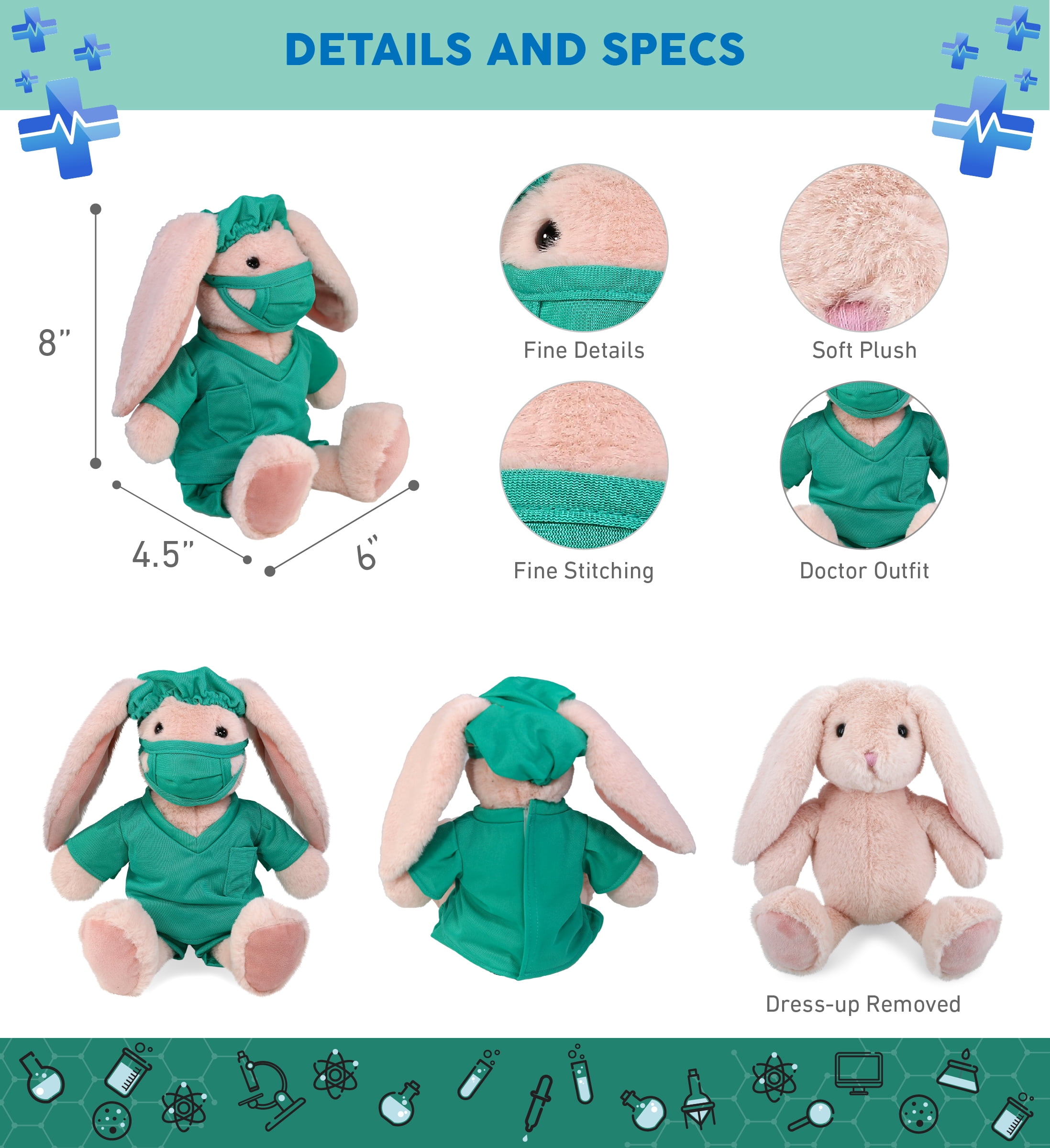 DolliBu Baby Pink Rabbit Doctor Plush Toy - Super Soft Rabbit Doctor Stuffed Animal Dress Up with Cute Scrub Uniform and Cap Outfit - Fluffy Toy Plush Gift for Doctor, Nurse, Surgeon, Dentist - 8 Inch