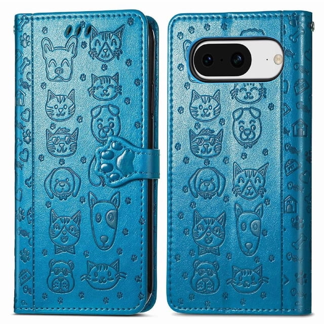 Étui à Rabat pour FOXDOCK Google Pixel 8, Étui à Rabat en Cuir PU Gaufré Chat et Chien avec Fentes pour Cartes, Support